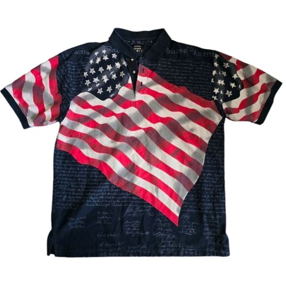 Mens Large Americana Anthem Flag Polo Shirt Red White Blue Cottons - Picture 1 of 3